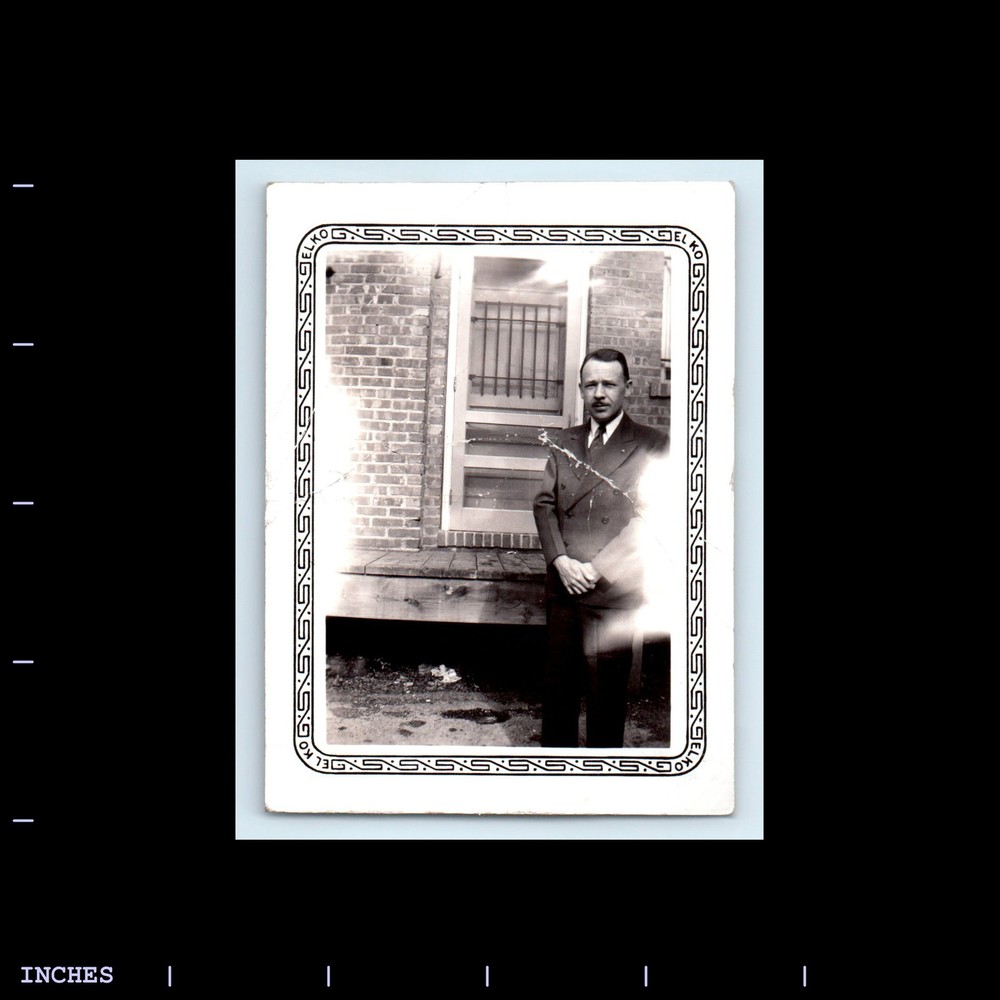 Old Vintage Photo MAN OUTSIDE HOUSE DREAMY GHOST LIGHT DECORATIVE BORDER