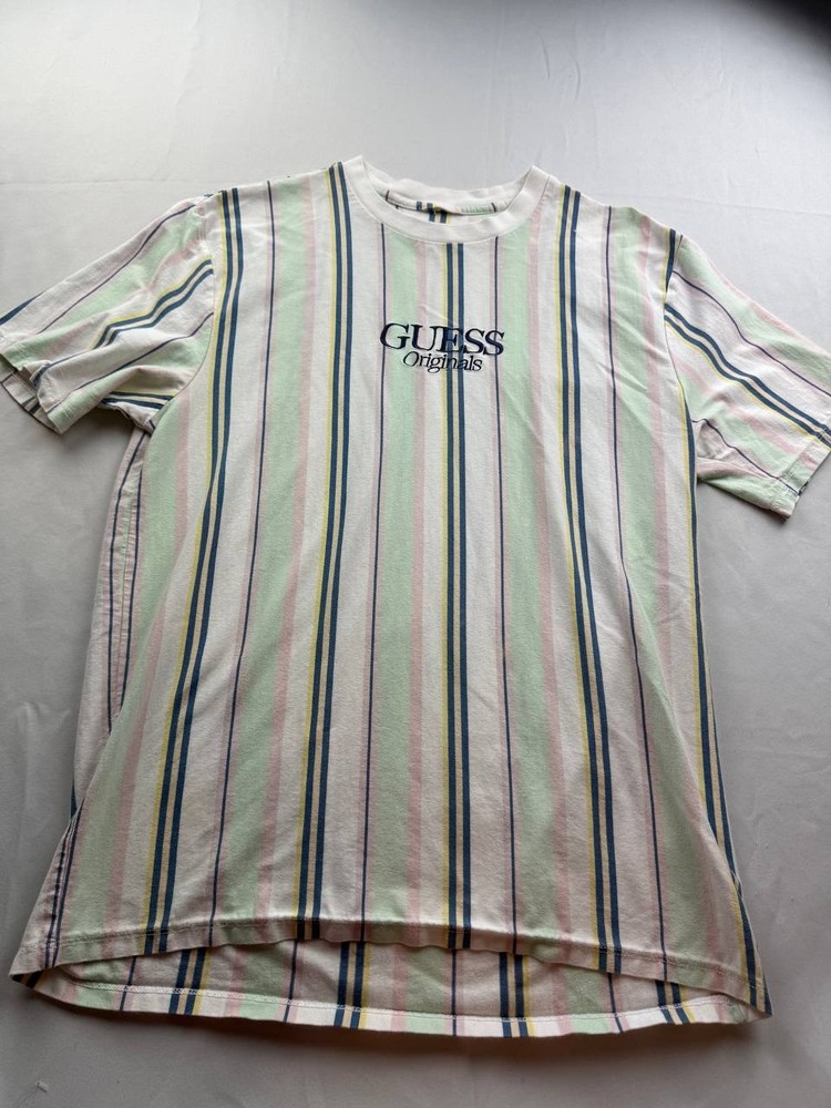 Guess Originals Shirt Mens Medium Green Striped Embroidered Logo Tee  Y2K
