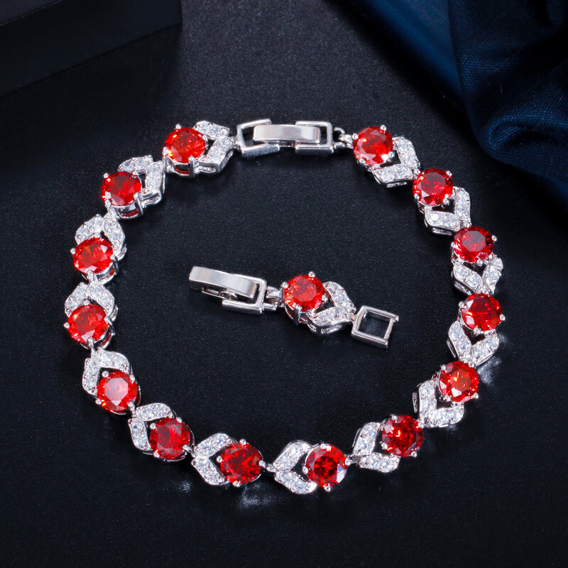 Round Cut Red CZ Crystal Tennis Bracelet for Women – Elegant Gemstone Jewelry for Parties