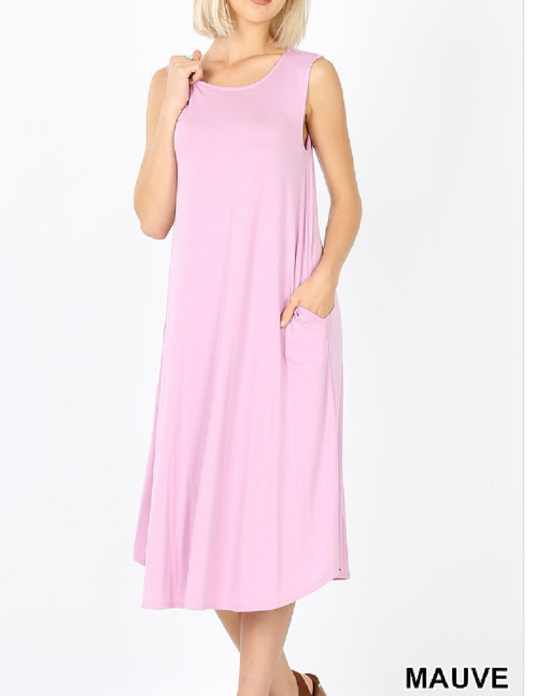 Zenana L Viscose Stretch Jersey Sleeveless  Round Neck A-Line Dress Mauve