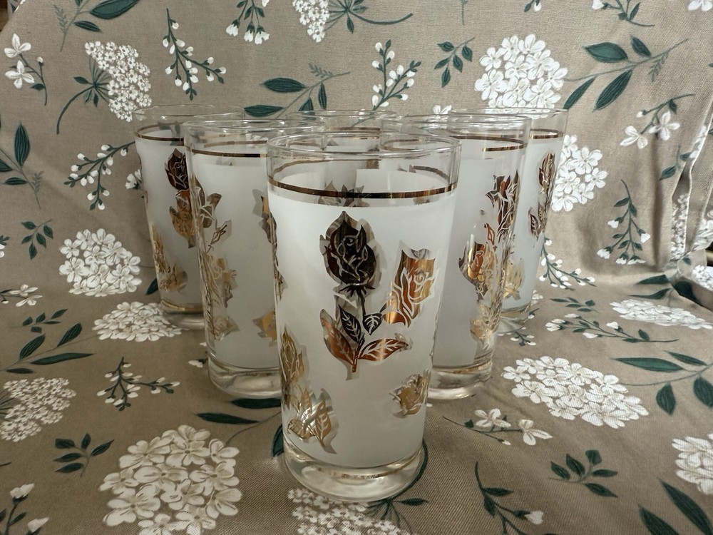 Vintage Libby Gold Leaf Rose Frosted HighBall Glasses SET OF 6 Midcentury Modern
