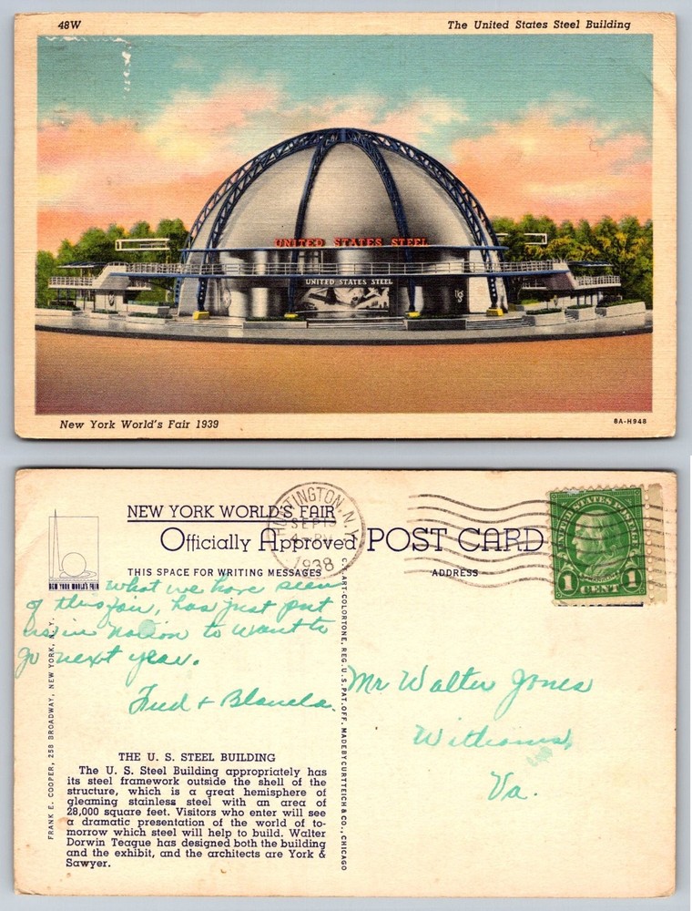 1939 New York World's Fair US Steel Building Vintage Postcard Curteich