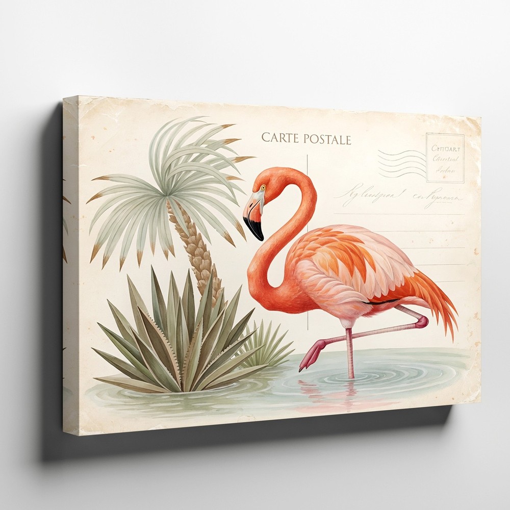Vintage flamingo canvas wall art tropical bird palm tree botanical print decor