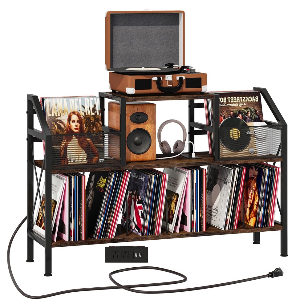 Vintage Turntable Stand with 500 LP Storage Space for Vinyl Records