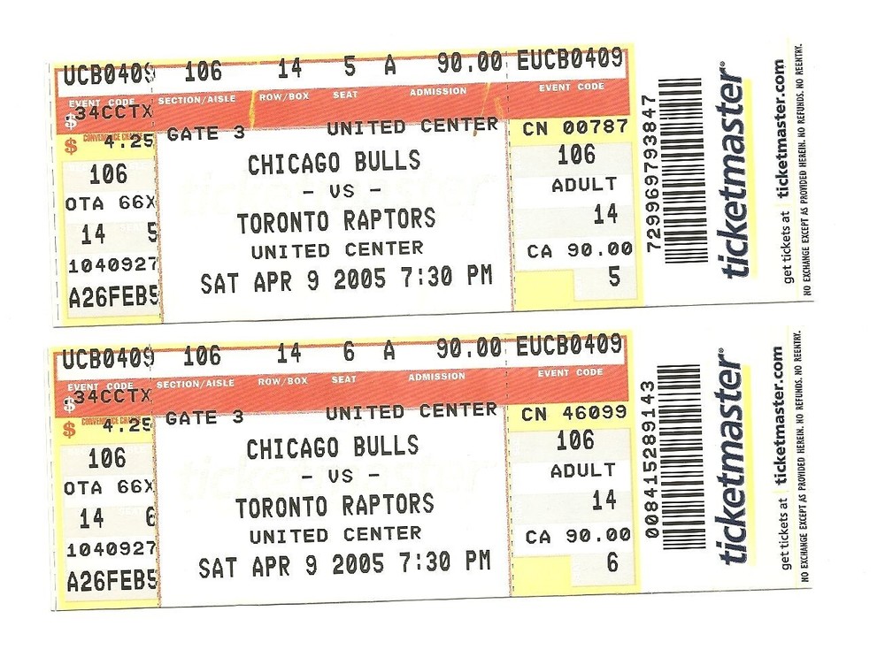 Chicago Bulls vs Toronto Raptors Unused Basketball Tickets April 9, 2005
