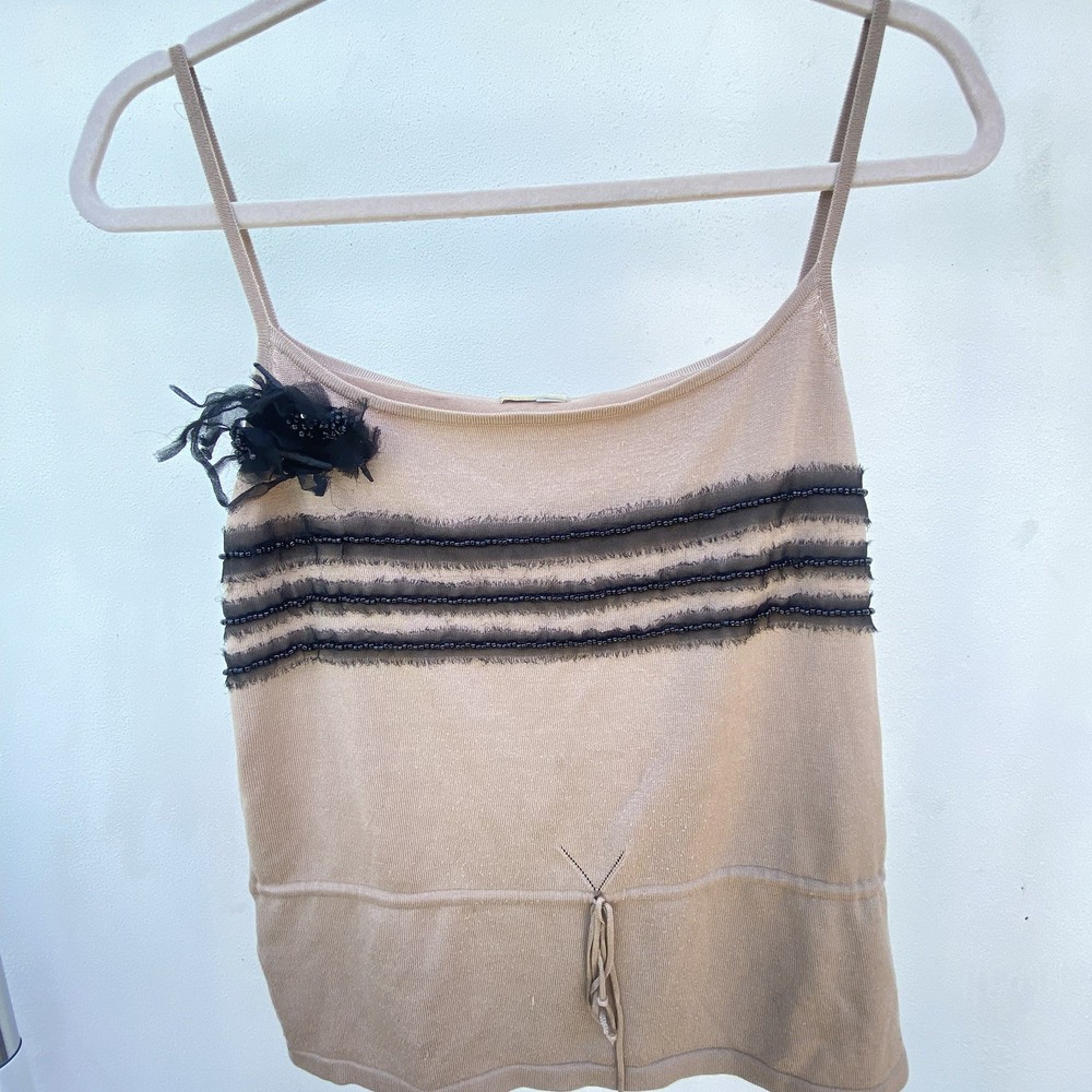 Y2K Max Studio Tan & Black Beaded Tulle Tank Top Size Large