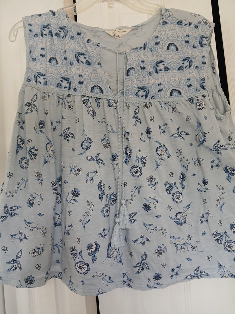 Lucky Brand Blue Tie Neck Top Shirt Size Large Sleeveless Boho