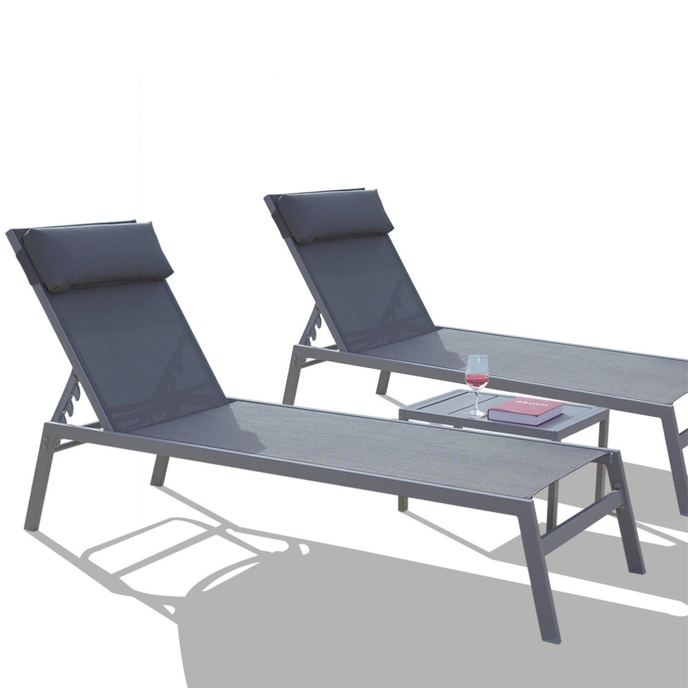 Grey Outdoor Chaise Lounge Set with Side Table for Patio  