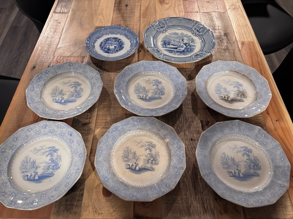 Antique Blue & White Transferware Plate Lot – T.J. & J. Mayer, Wedgwood, Carrara