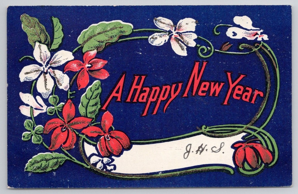 1906 A Happy New Year Postcard - Floral Art Nouveau - Bangor PA Postmark