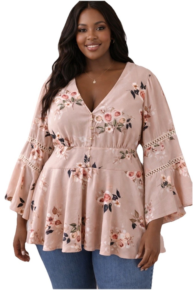 City Chic Floral Peplum Blouse Womens M/18 Pink Boho Bell Sleeve V Neck