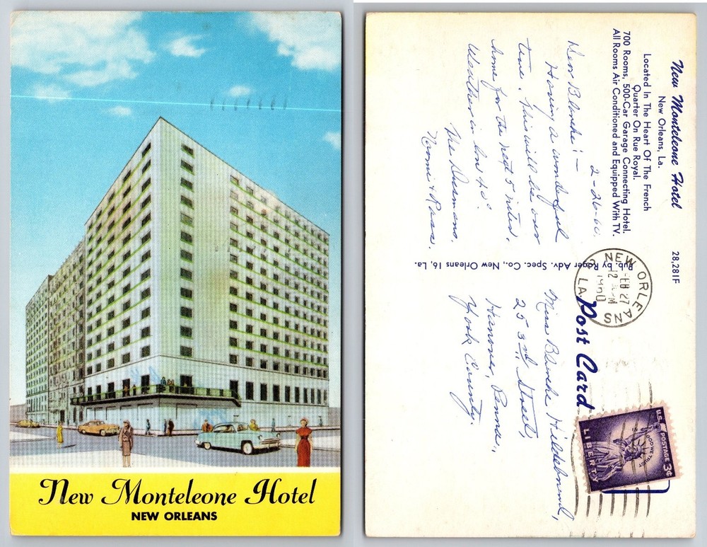 1960 New Monteleone Hotel New Orleans LA Postcard French Quarter Chrome