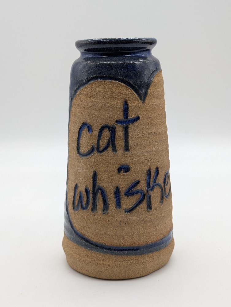 Pats Pots Studio Pottery Cat Whiskers Jar Blue Stoneware Keeper Vase Signed Art