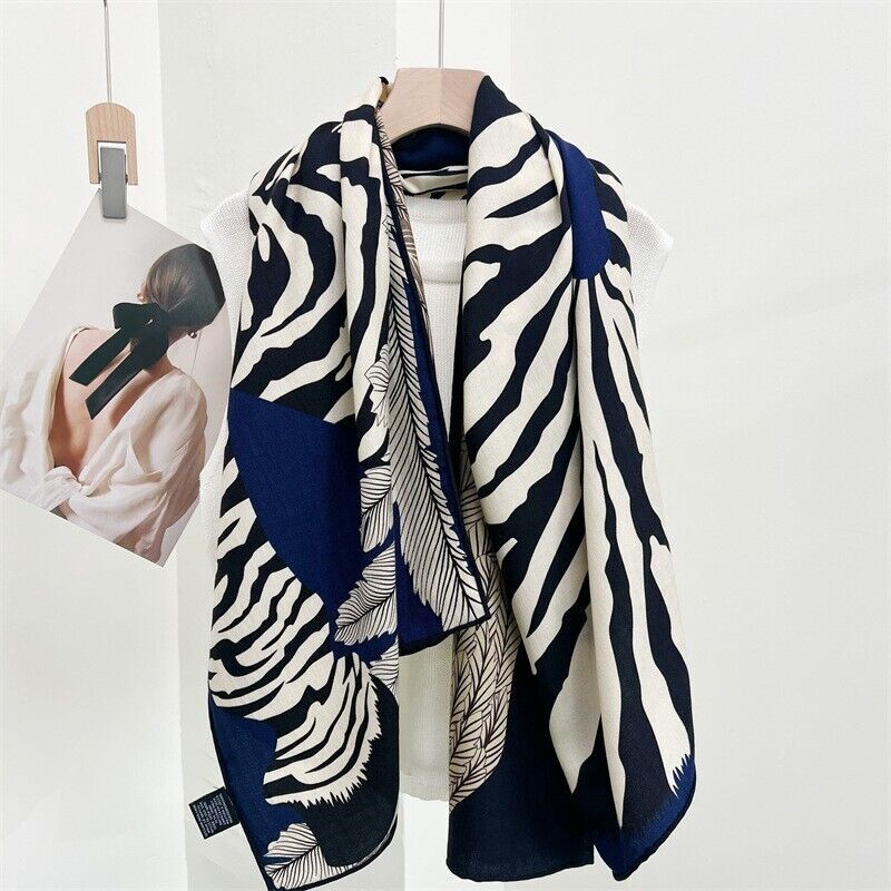 70% Cashmere & 30% Silk Wrap Scarf Feather Zebra Print Double Face Shawl 53
