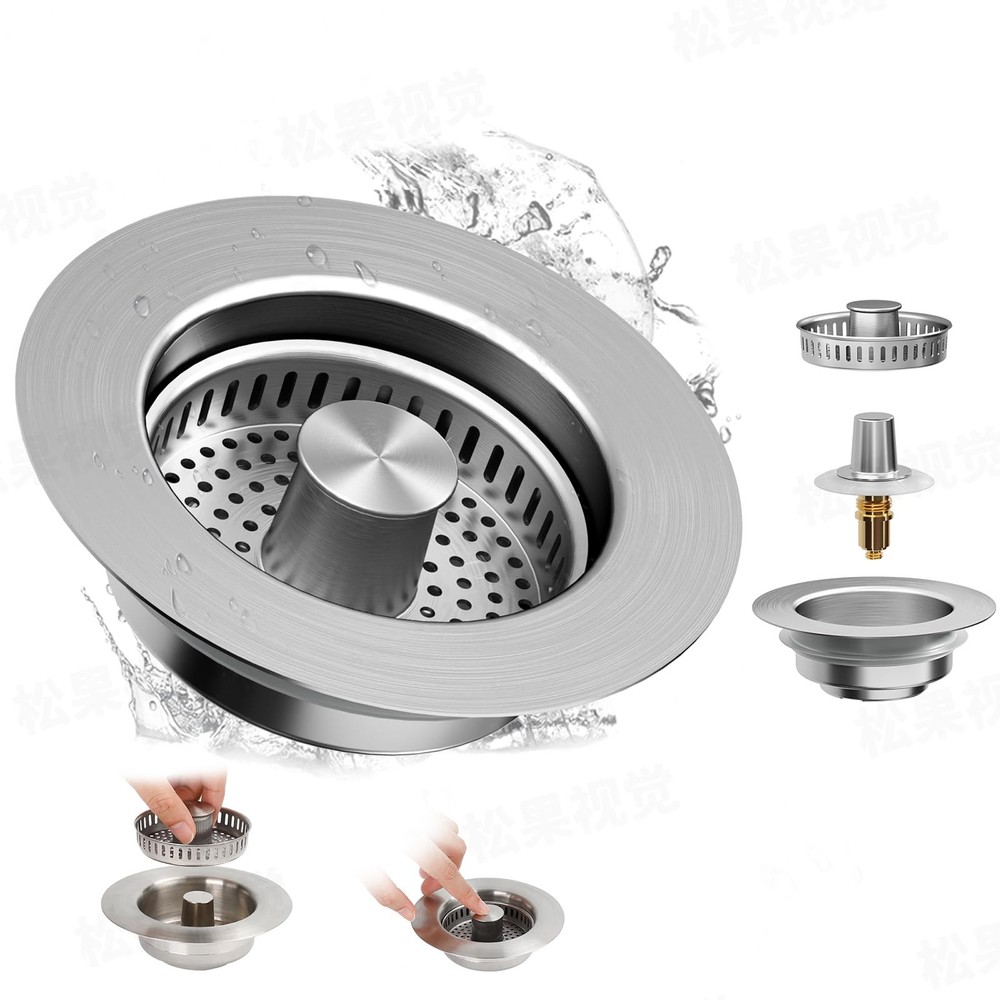 Upgraded 3-in-1 Kitchen Sink Drain Strainer, Stainless Steel Kitchen Sink Sto...