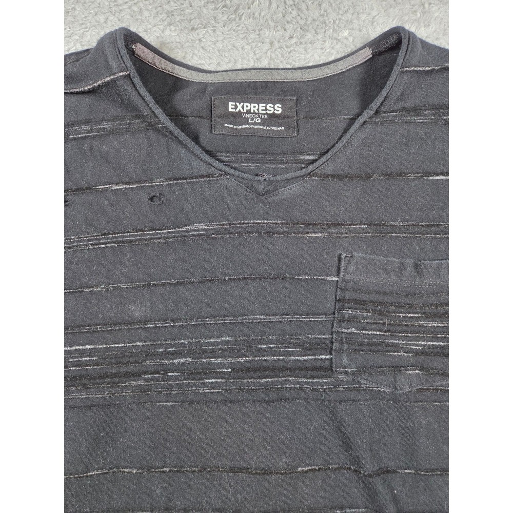 Express Mens V-Neck Pocket Tee Large Striped Faded Black Distressed T-Shirt