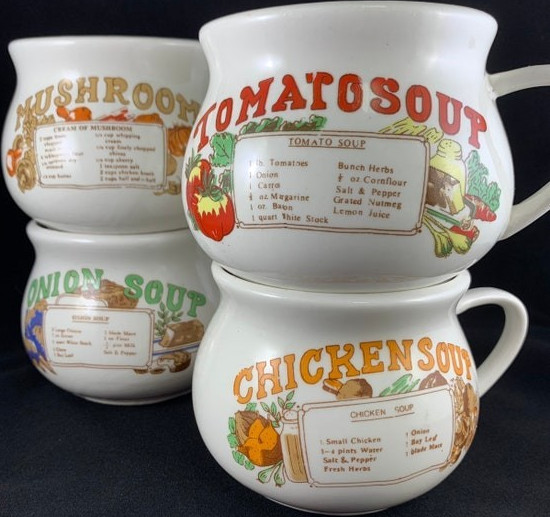 Set of 4 Ceramic Vintage Recipe Soup Mugs - Tomato, Chicken, Onion, Mushroom