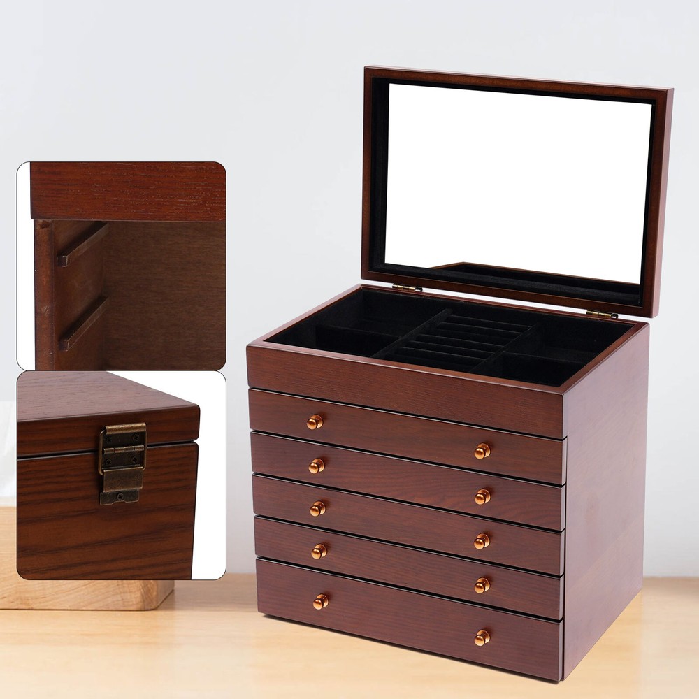 Vintage 6-Tier Wooden Jewelry Box Organizer with Large Storage