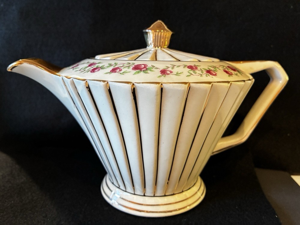 Vintage Sadler Floral and Striped Art Deco Teapot with Gold Trim Made in England
