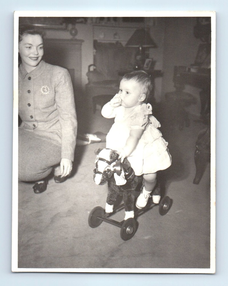 Old Vintage Photo WOMAN AND GIRL RIDING TOY HORSE WITH WHEELS SNAPSHOT PIC