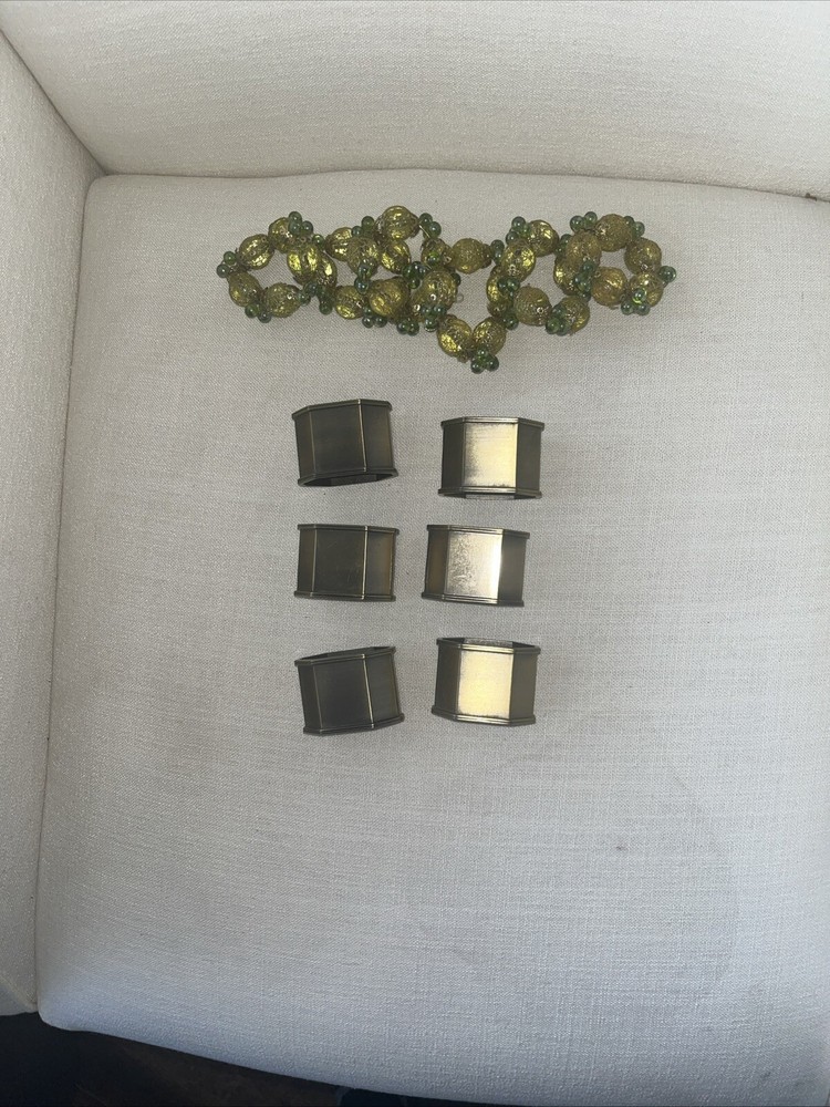 2 Sets - Brass Colored Napkin Ring And Gold And Green Beads 6 In Each Set