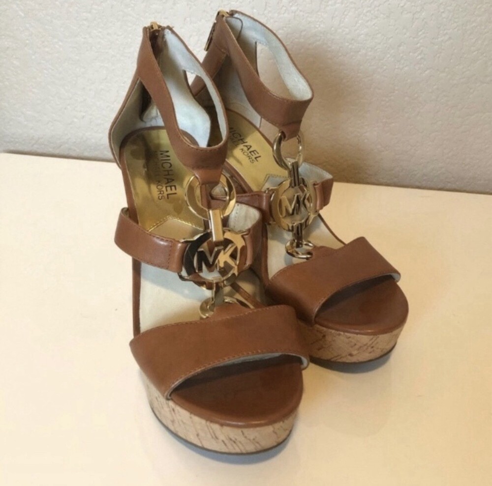 Michael Kors Brown Leather Cork Plataform Wedge Sandals Size 6.5