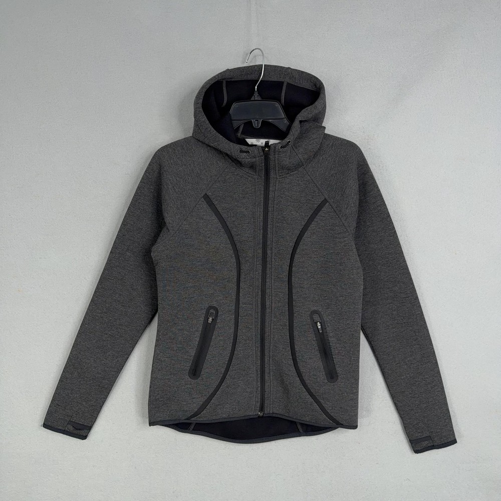 Athleta Jacket Womens Medium Gray Hooded Full Zip Fleece Lined Athletic Pockets