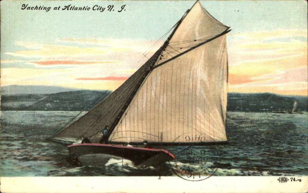 Sailboat yacht at Atlantic City New Jersey NJ ~ mailed 1908 vintage postcard