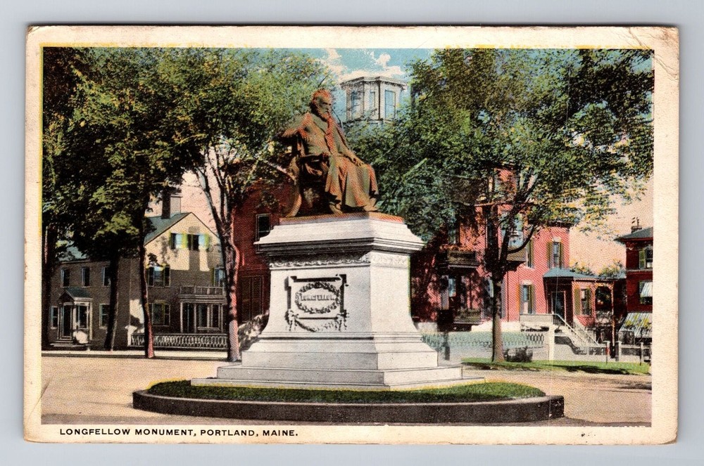 Portland ME-Maine, Longfellow Monument, Antique Vintage Souvenir Postcard