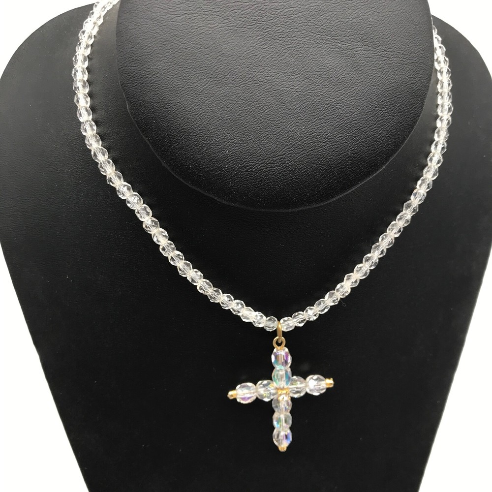 Vintage The Limited Signed Clear Crystal Beaded Religious Cross Necklace