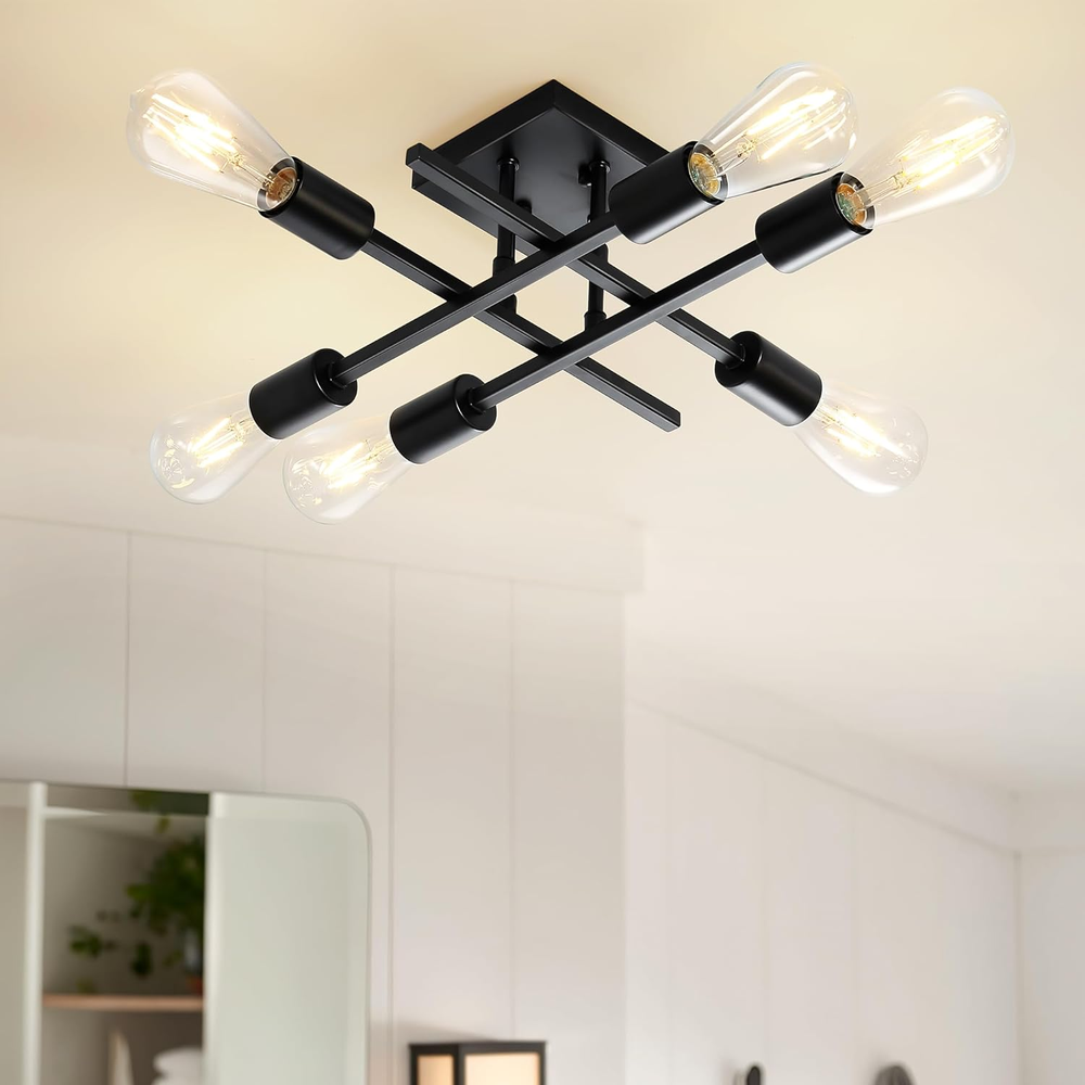 6-Light Semi Flush Mount Ceiling Light Fixture, Modern Black Sputnik Chandelier