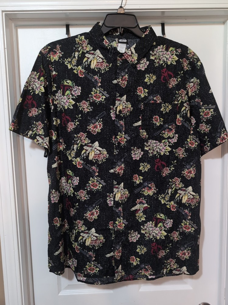 Star Wars The Mandalorian Boba Fett Button-up Shirt Black Floral Hawaiian XXL 2x
