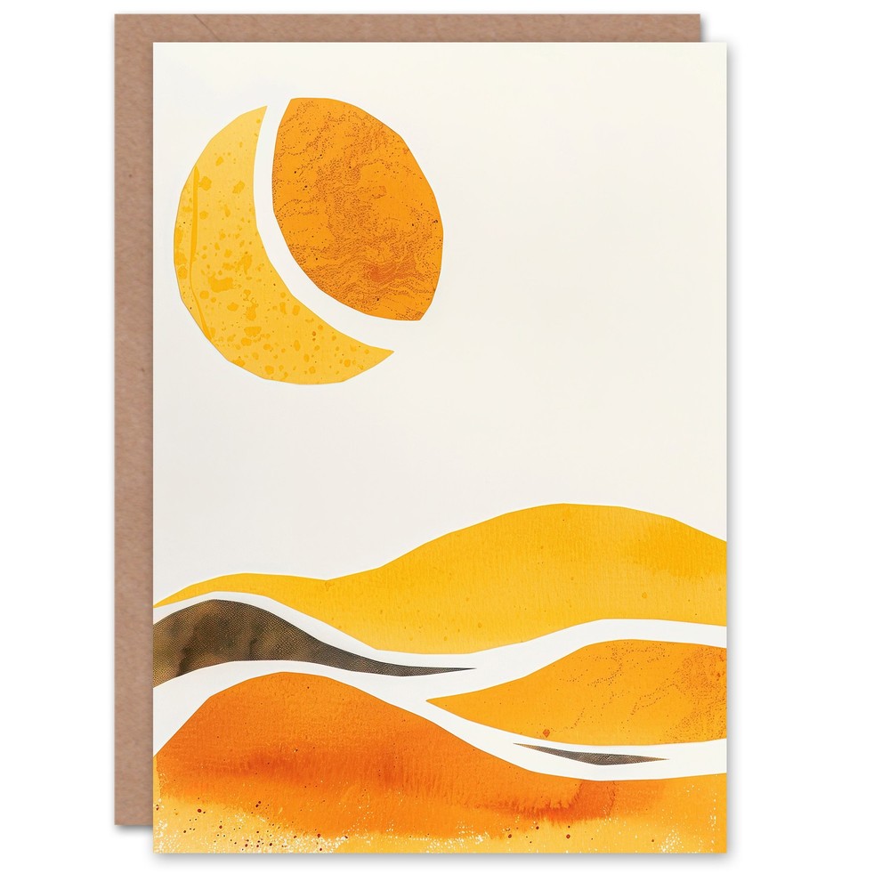 Greeting Card Abstract Orange Amber Landscape Hills and Sun Birthday