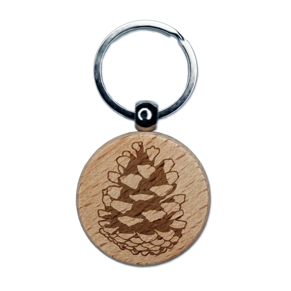 Realistic Pinecone Pine Cone Engraved Wood Round Keychain Tag Charm