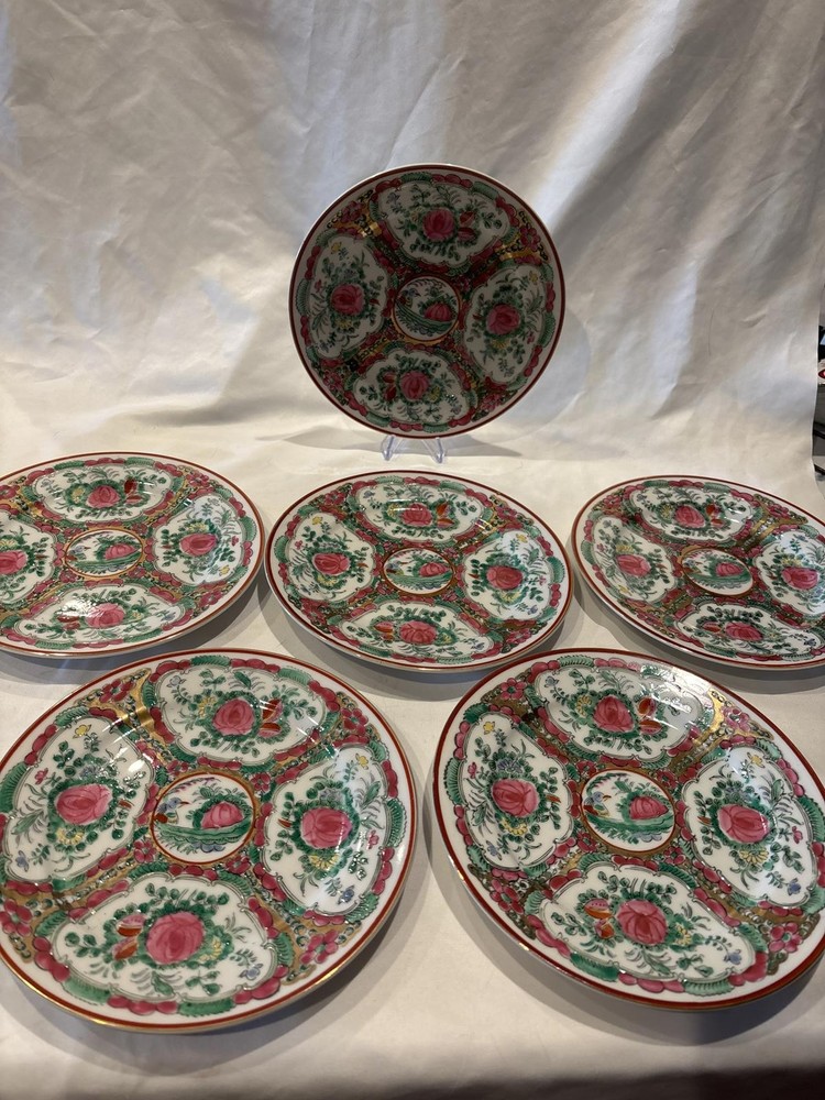 Set of 6 Vtg Chinese Porcelain Famille Rose Medallion Plate Marked Gold Rim 8