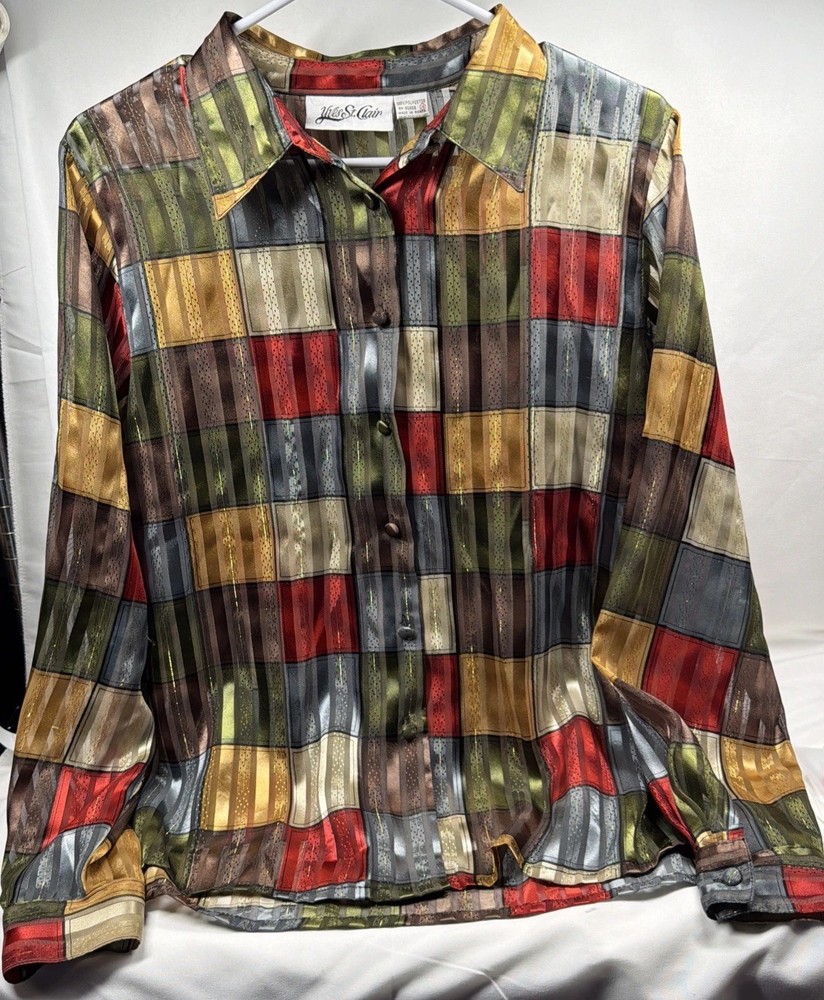 Yves St. Clair Women's Button up Blouse Shirt Size 16 Sheer Vintage Shiny