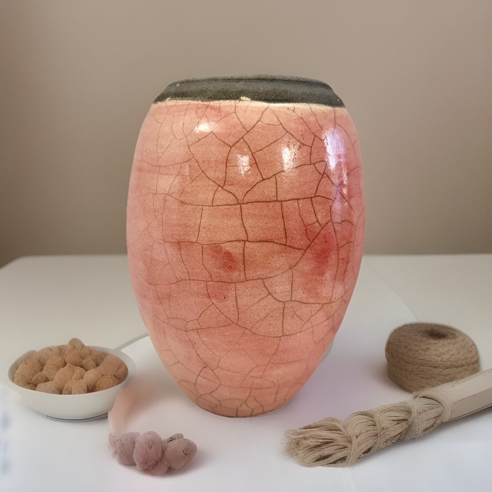 Vintage Pottery Vase Raku Crackle Handmade  Signed 8