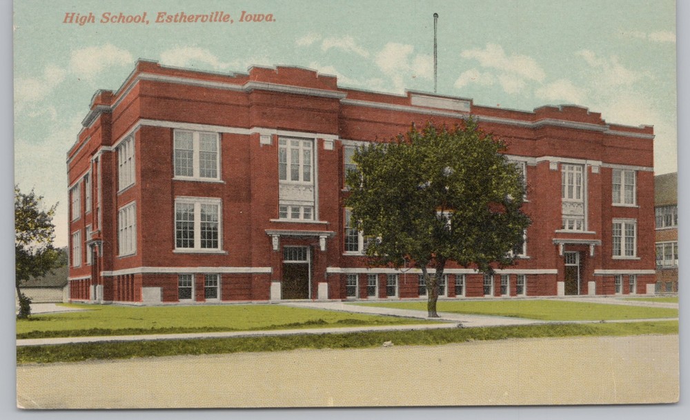 Estherville Iowa~High School Bldg Entrance View~Lithochrome~Vintage Postcard
