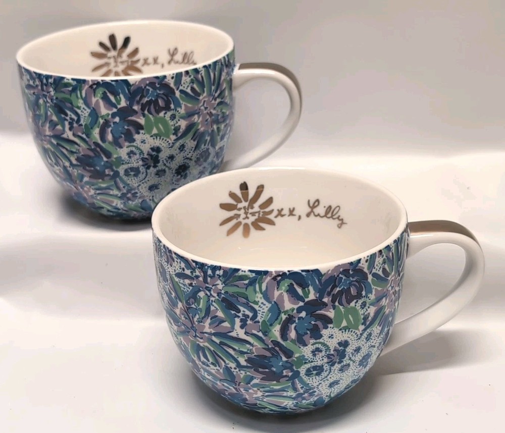 Set Of 2 Lilly Pulitzer Blue Floral 12oz Hidden Cats Coffee Or Tea Cups Mugs Lot
