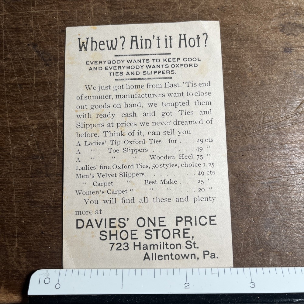 Antique Victorian Trading Card Davies One Price Shoe Store Allentown Pa - B1