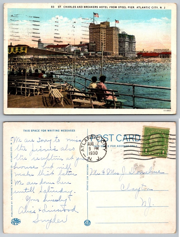 1930 Atlantic City NJ St. Charles Breakers Hotel Steel Pier Beach Linen Postcard