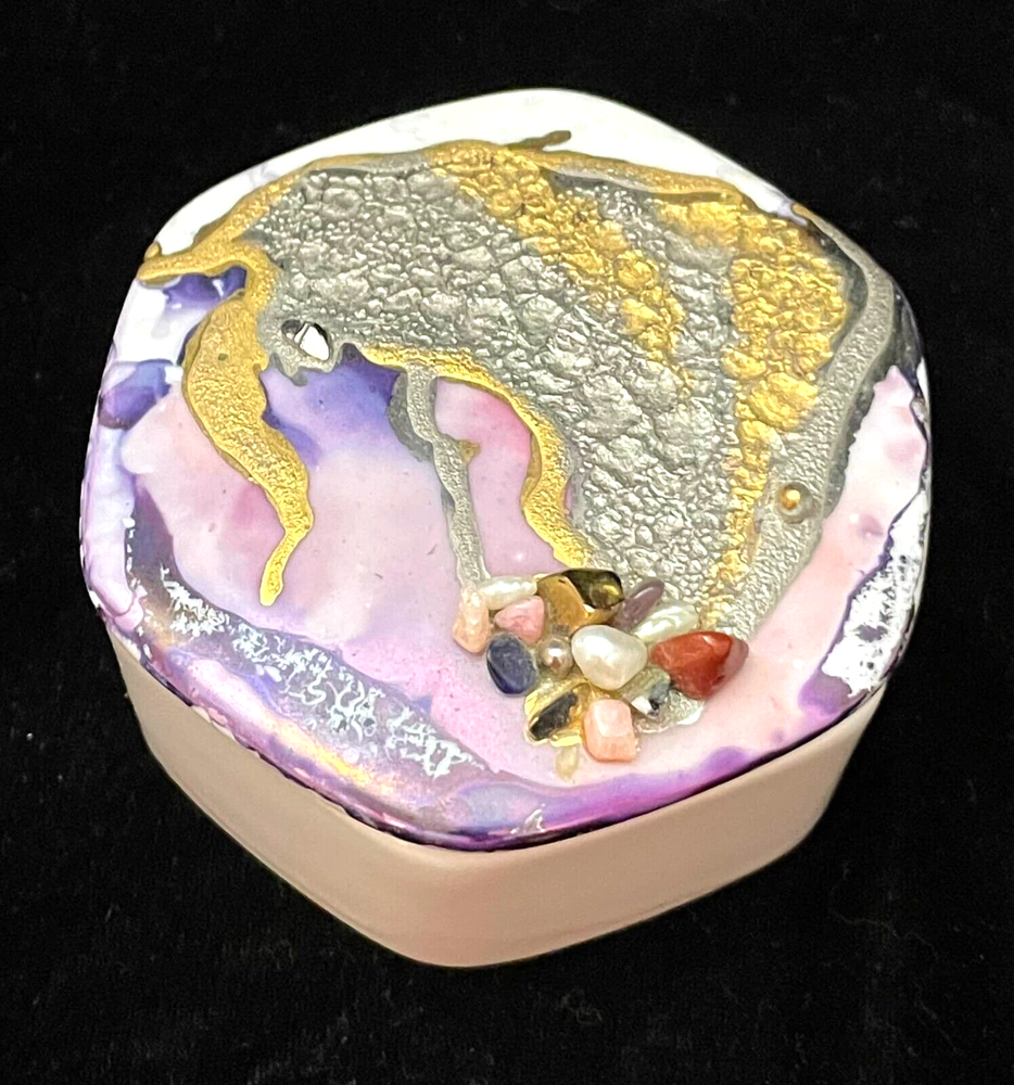 Baroque Pearl Ceramic Trinket Box with Gold & Purple Abstract Art Design  -image