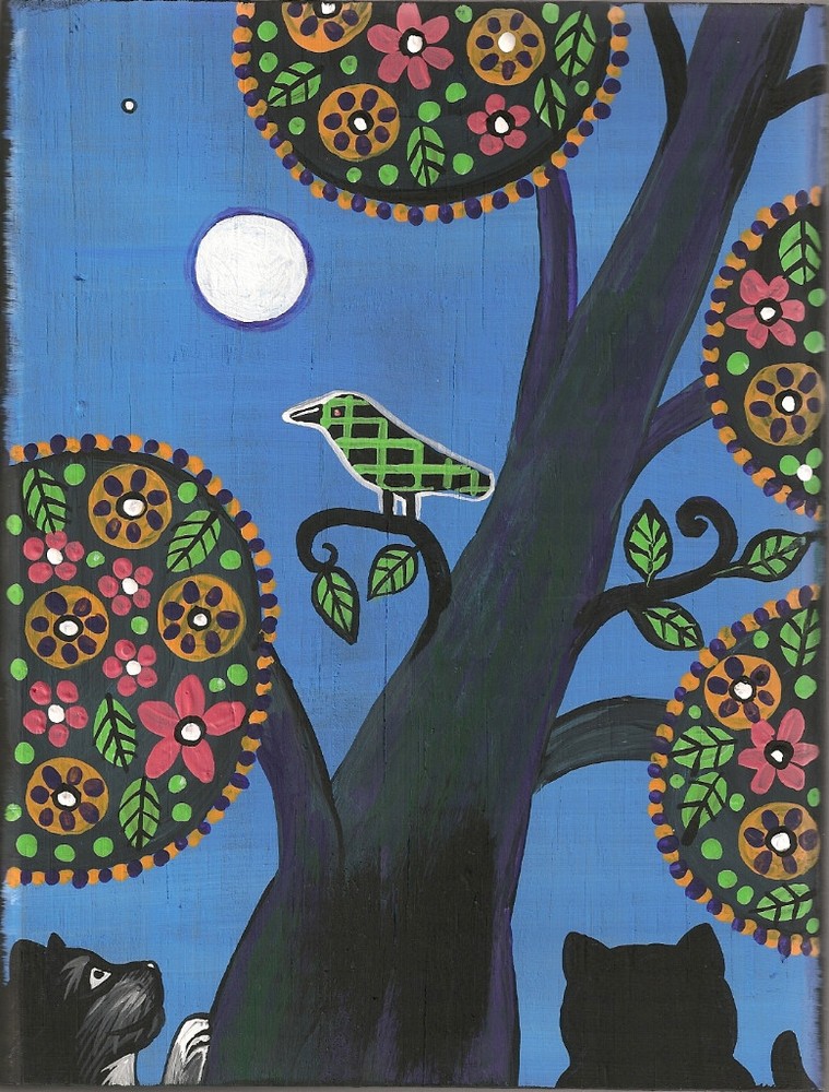 5x7 PRINT OF PAINTING RYTA CROW RAVEN FOLK ART ABSTRACT TUXEDO BLACK CAT FLOWER