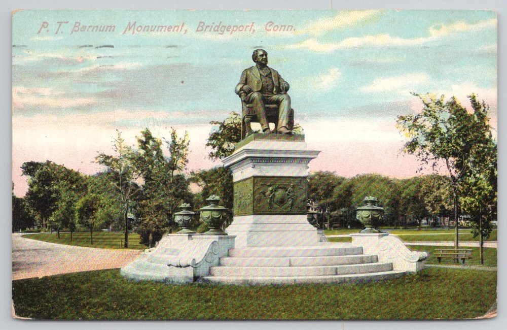 1909 P.T. Barnum Monument Bridgeport CT Postcard Made in Germany