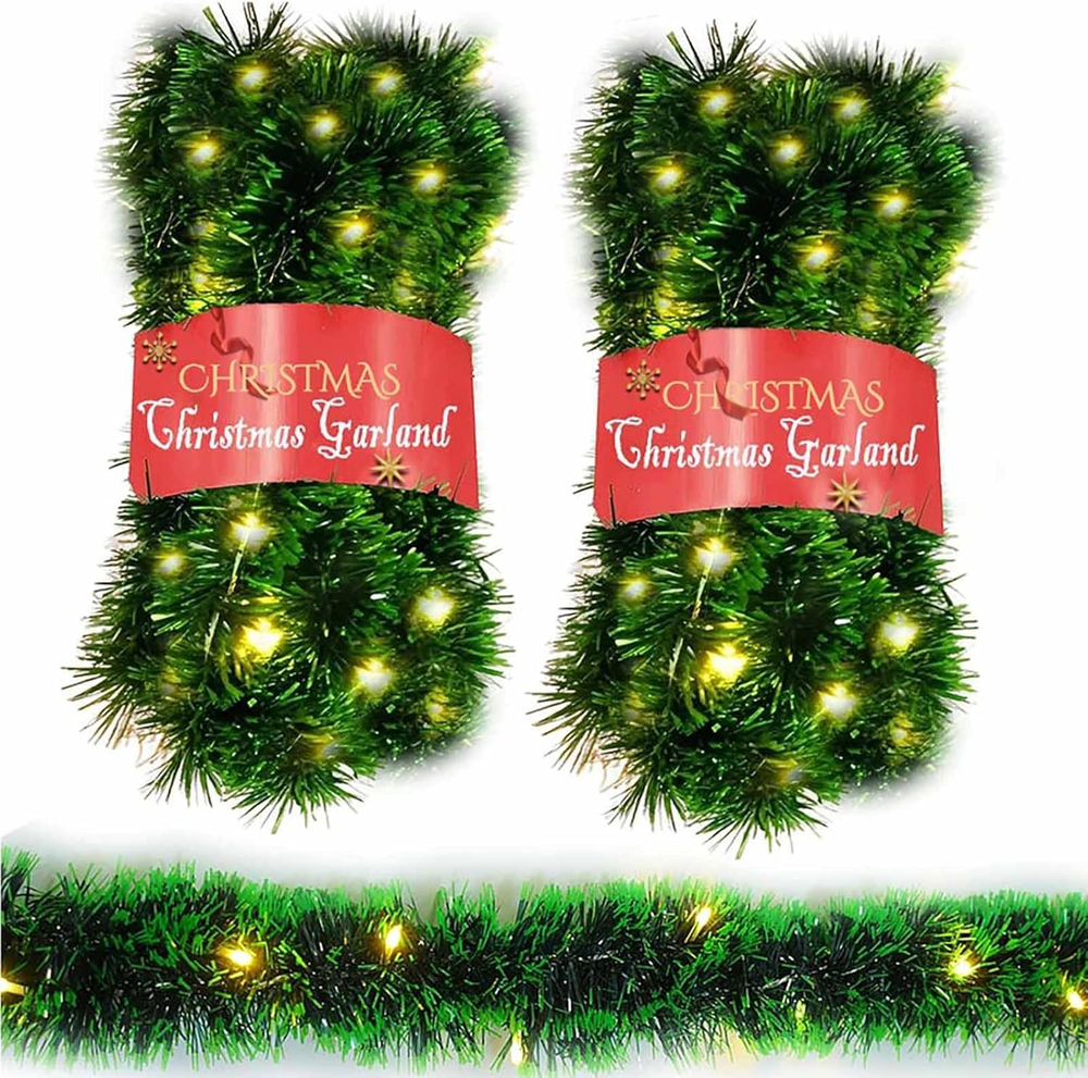 2 Pack Christmas Garland with Lights, Total 38 Feet 80 Led Battery Operated Pre-