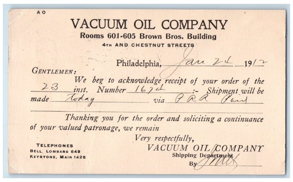 1912 Vacuum Oil Company Receipt Of Order Philadelphia Pennsylvania PA Postcard