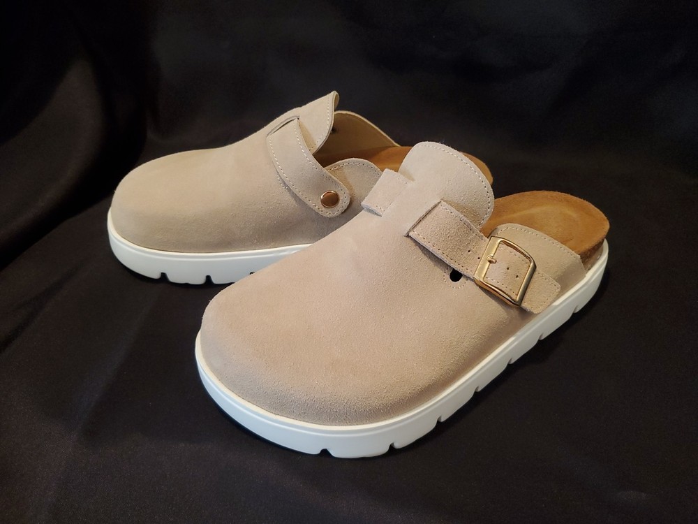 Project Cloud Memory Foam Chunky Benton Beige Clogs Shoes Leather Suede Size 9
