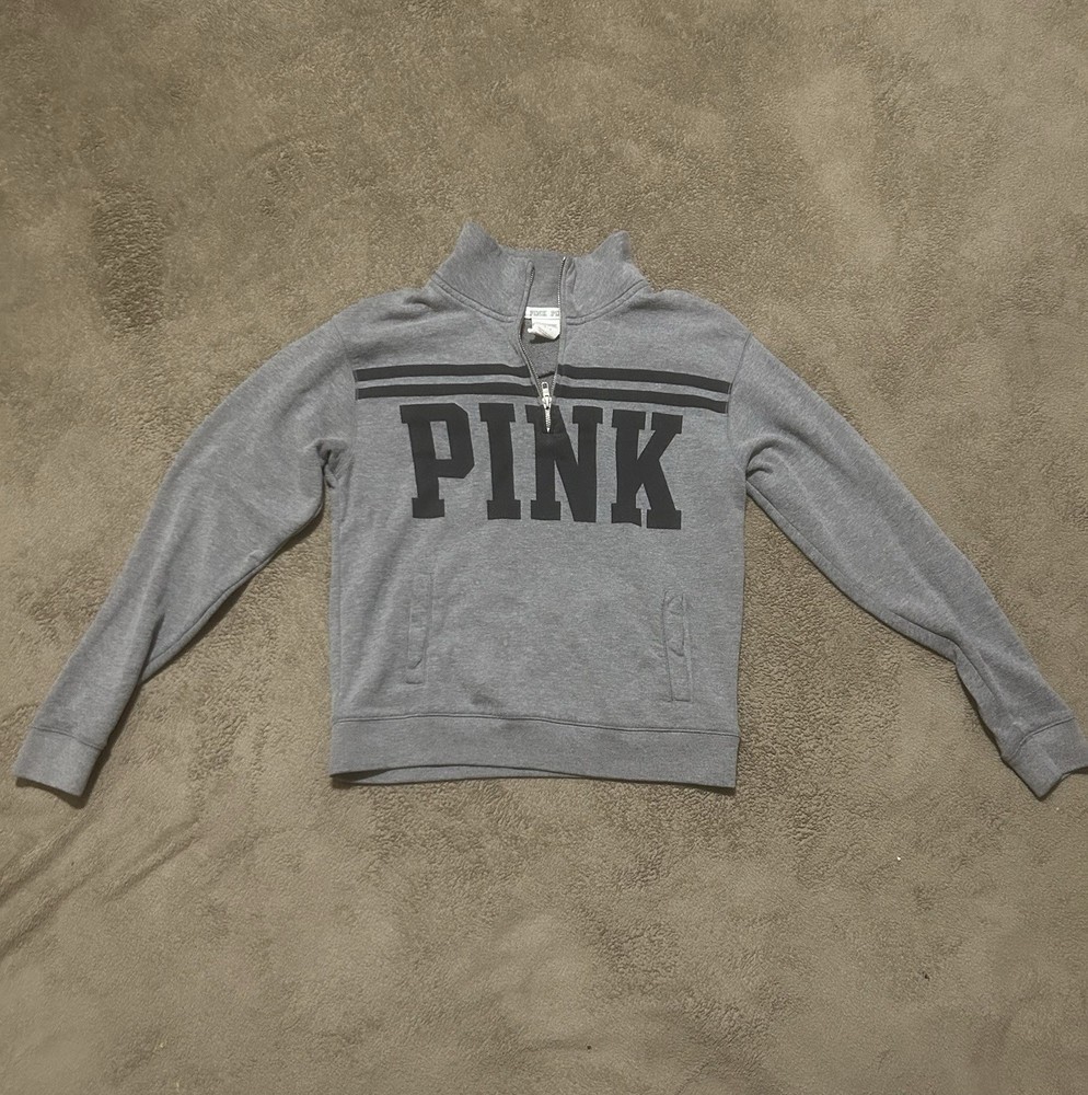 PINK Victoria's Secret 1/4 Zip Gray Mock Neck Logo Sweatshirt Women's Size S