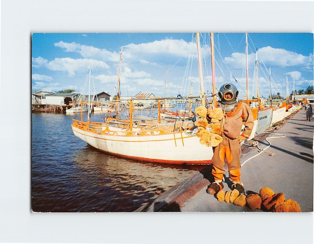 Postcard Sponge Diver & Sponge Boats Tarpon Springs Florida USA