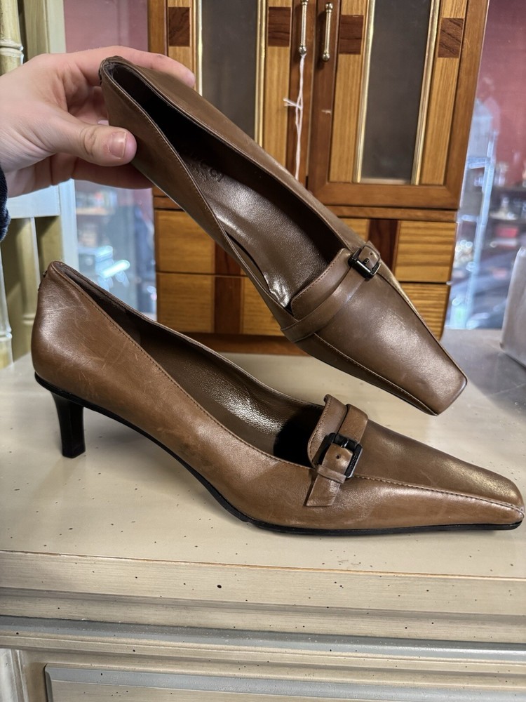 Gucci Kitten Heel Brown Leather Classic Womens Square Point Toe Size 6.5B